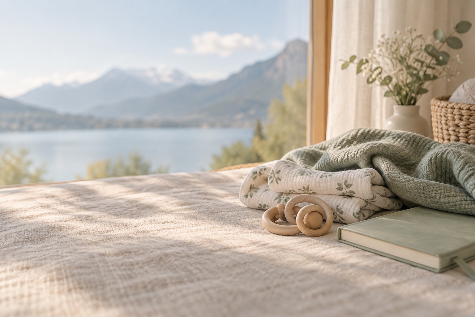 Carnet, tissu et anneau en bois devant un lac alpin